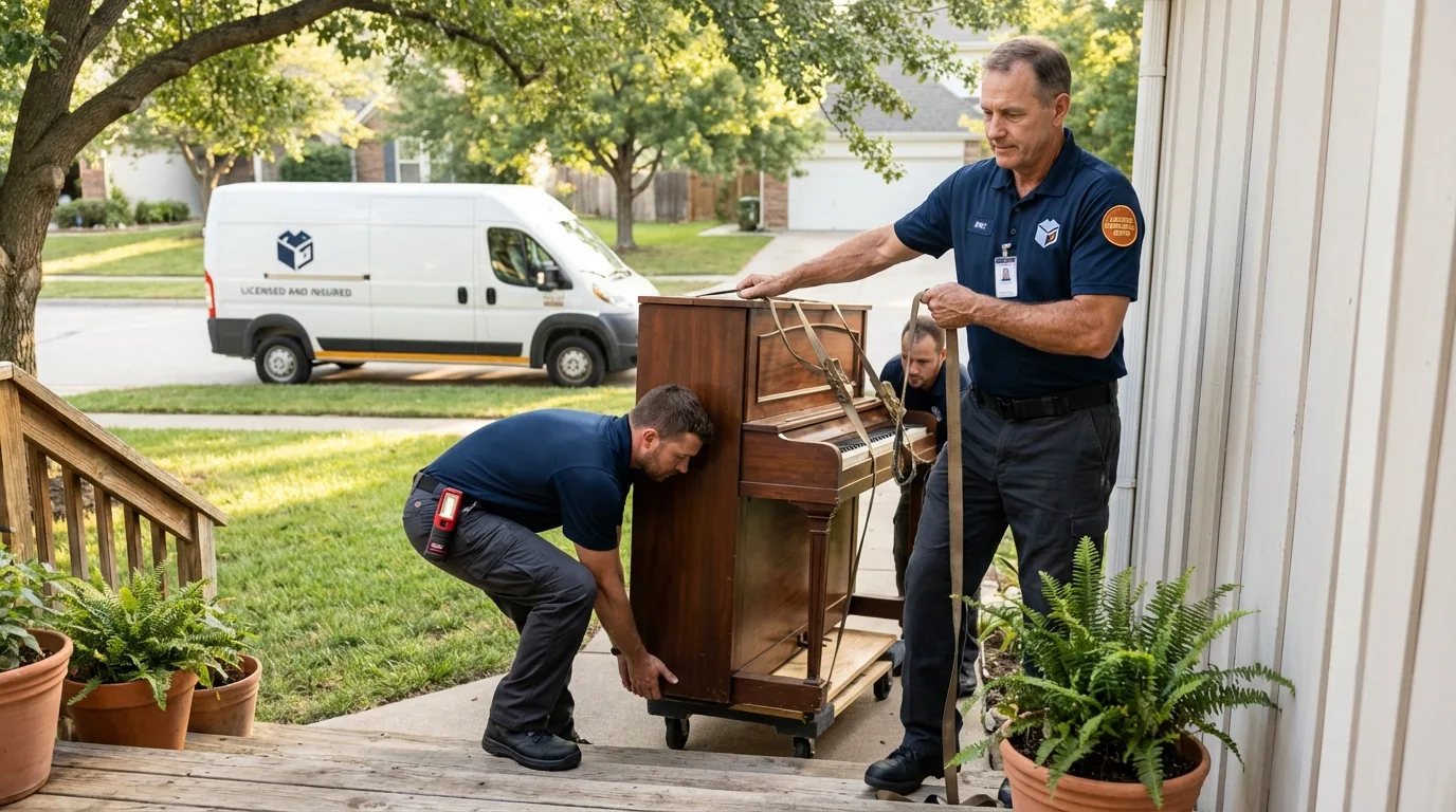 Licensed piano movers securing grand piano in Cerro Gordo, IL