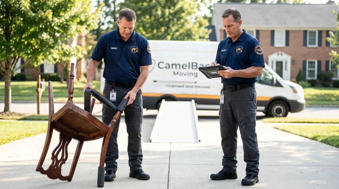Movers inspecting furniture for damage prevention before loading in Cerro Gordo, IL