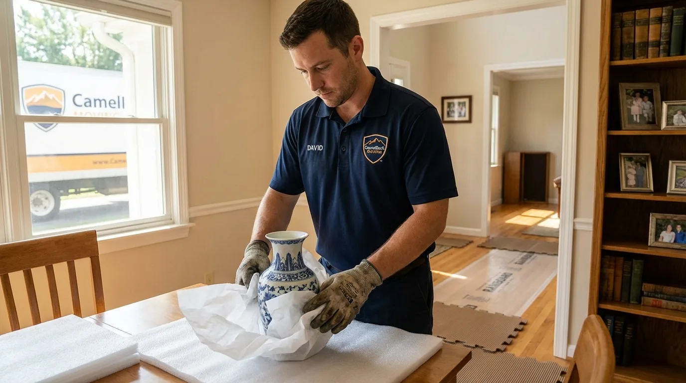 Professional crew carefully wrapping antique vase for senior downsizing move in Cerro Gordo, IL